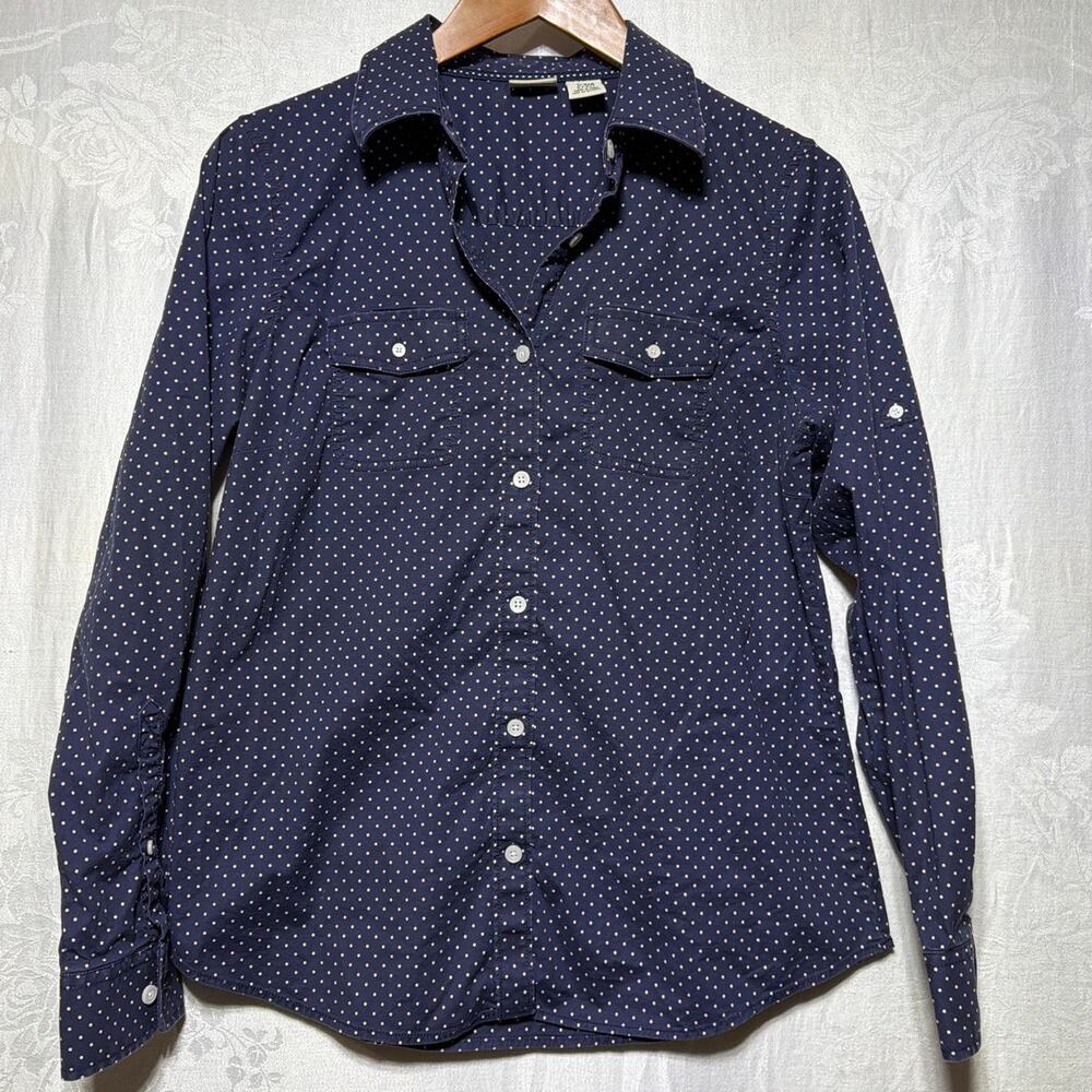 LL Bean Button Up Medium Navy Blue White Polka Dots Cotton Stretch Pocket